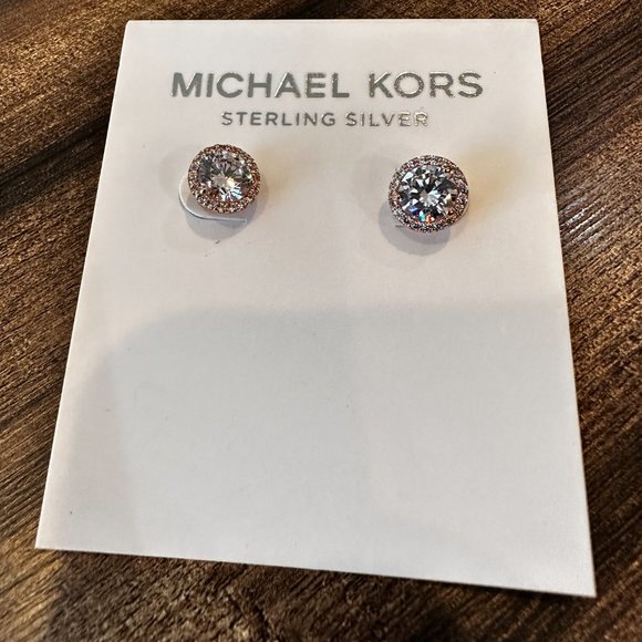 NWT Michael Kors Sterling Silver 14K rose gold studs w/pave accents-Retail $135 - Picture 1 of 4